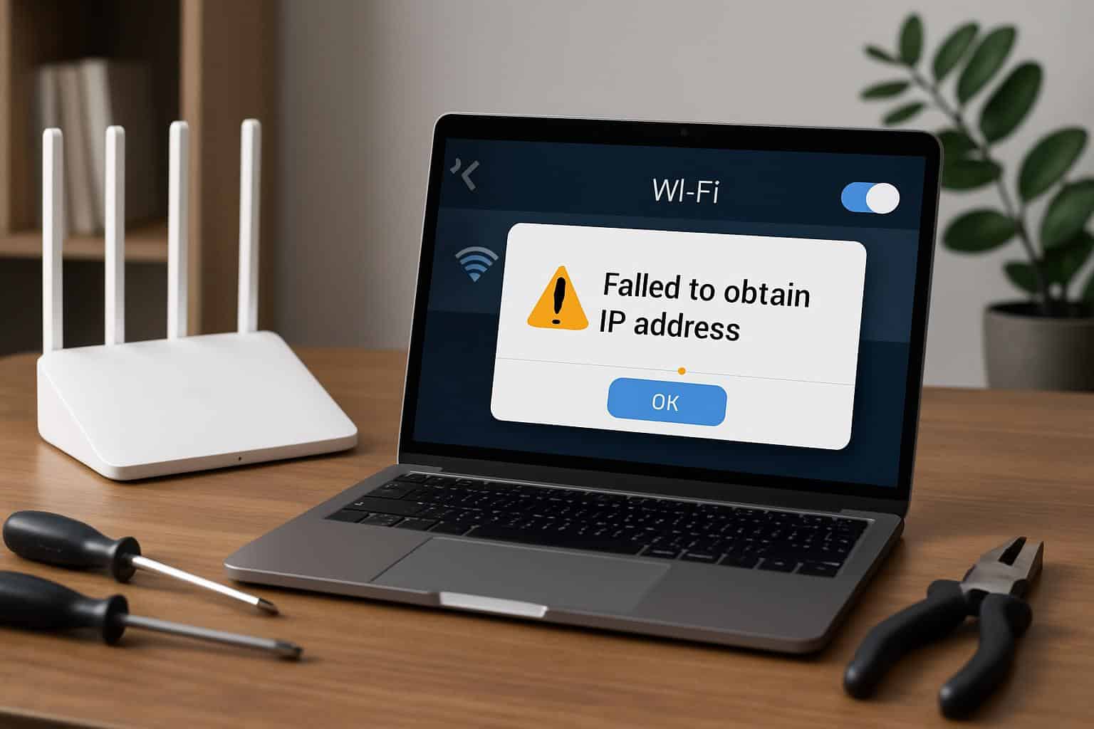 Wi‑Fi router and Android Wi‑Fi settings screen to fix failed to obtain IP address error