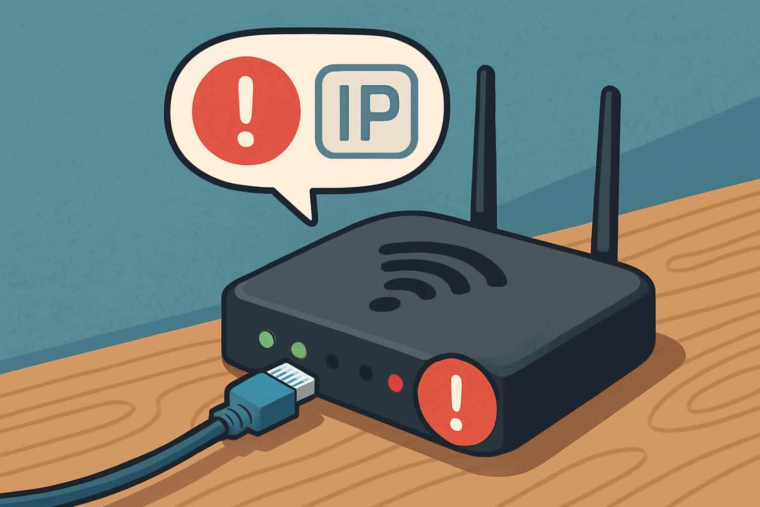 isometric Wi‑Fi router and phone with alert icon, fix failed to obtain IP address network error