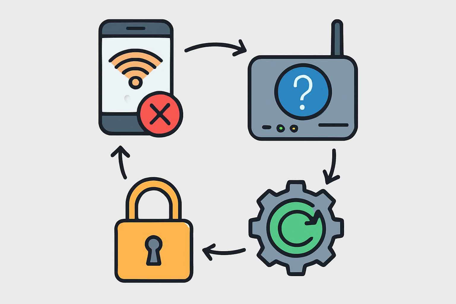 Network flowchart of Wi‑Fi router, device, DHCP steps to fix failed to obtain IP address