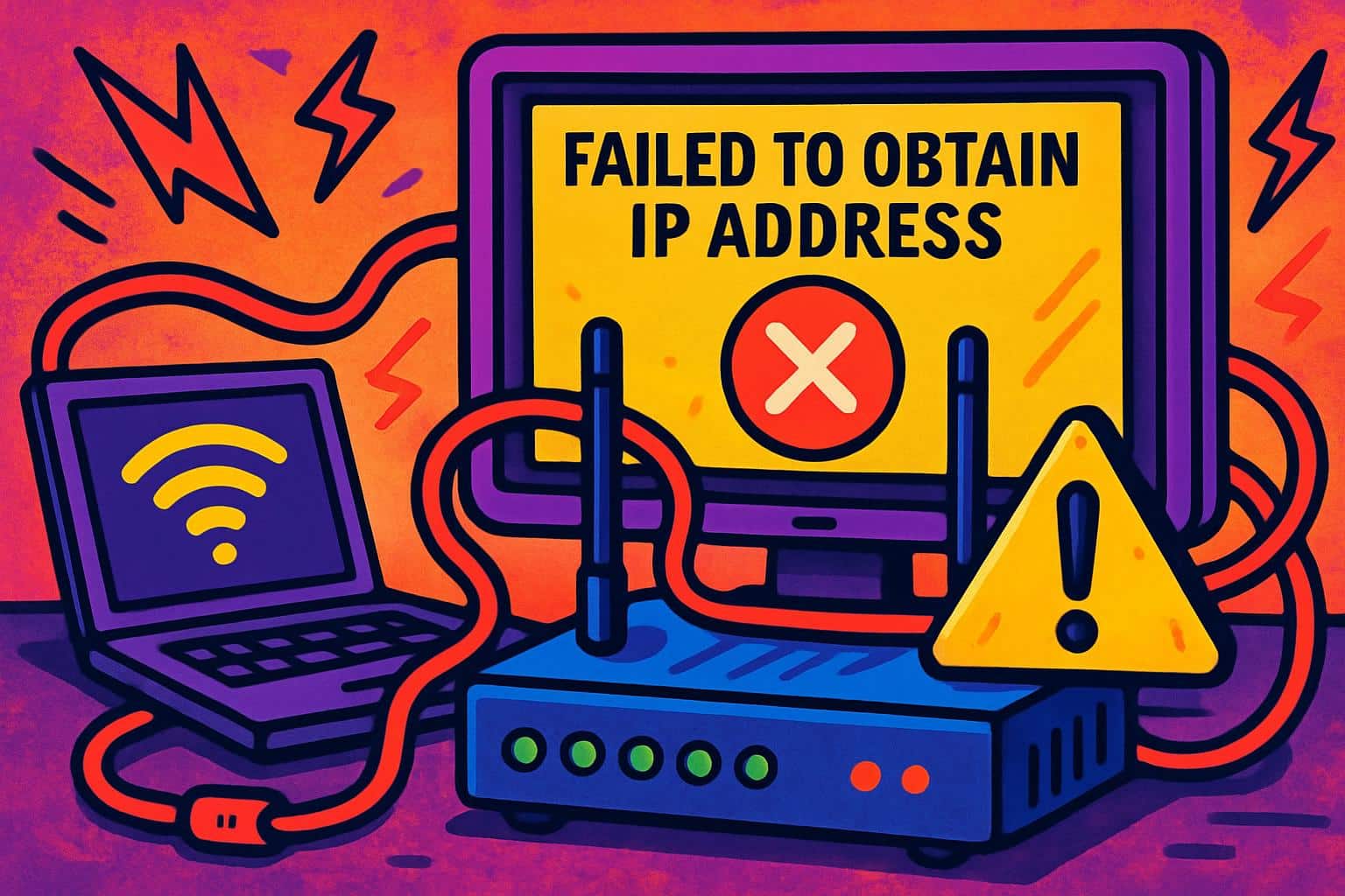 Android phone, Wi-Fi router, warning and gear icons, fix failed to obtain IP address error
