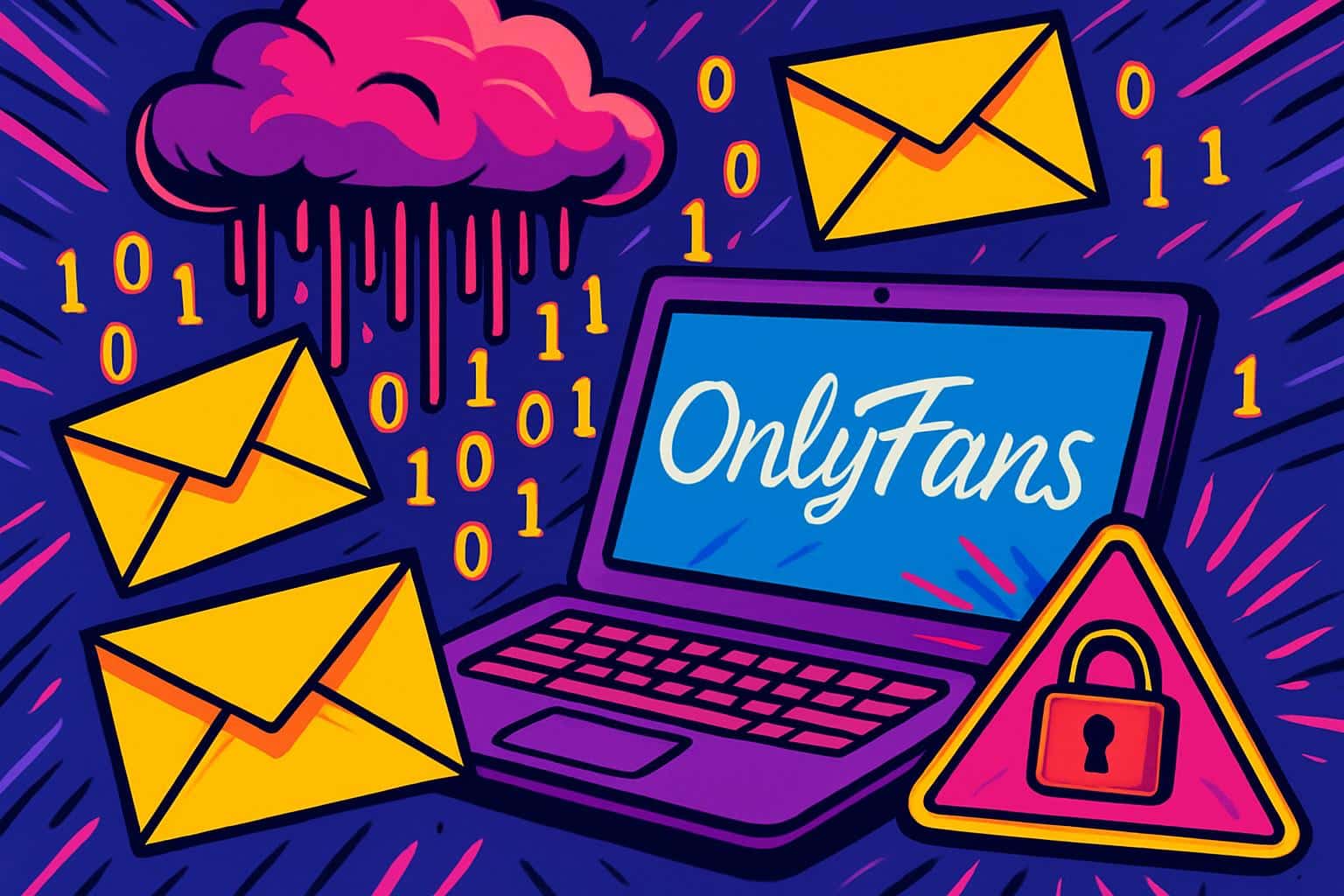 OnlyFans data leaks concept: cracked padlock, files and binary code spilling, neon colors