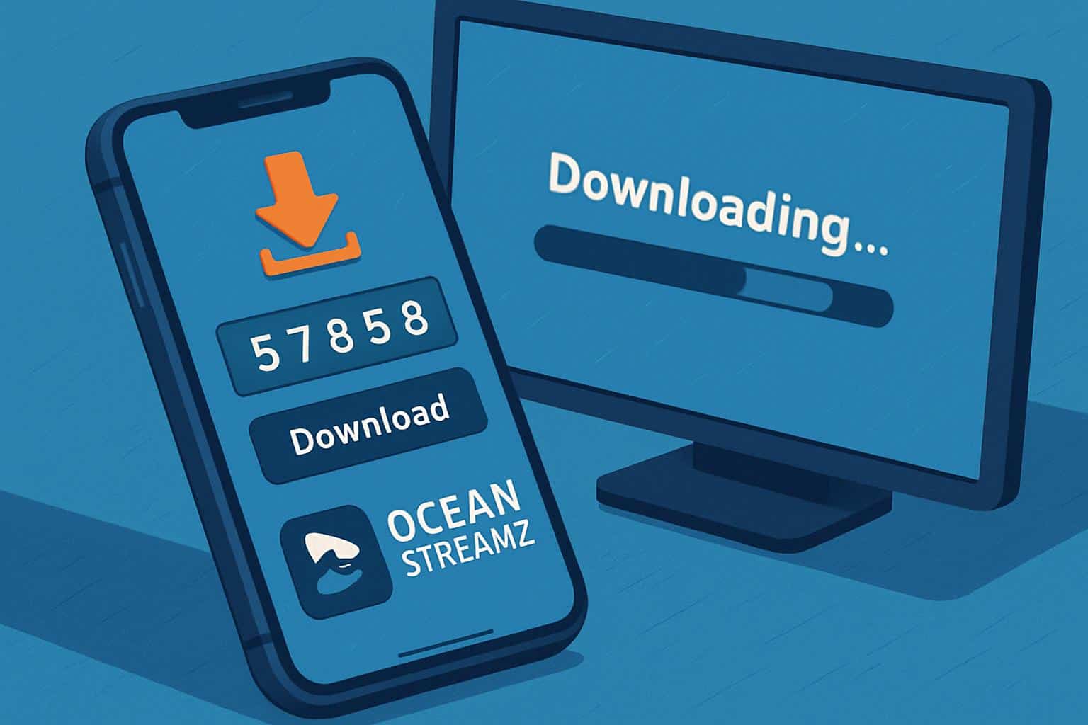 Ocean Streamz downloader code: blue waves, binary code lines, download arrow, isometric