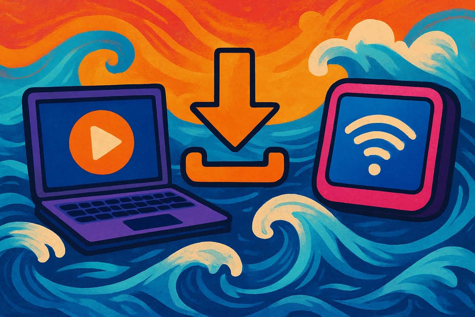 Ocean Streamz downloader code with neon code over ocean waves and download icon