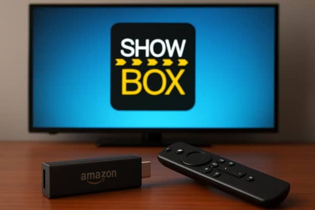 Showbox on Amazon Fire Stick displayed on TV, device plugged in with remote nearby