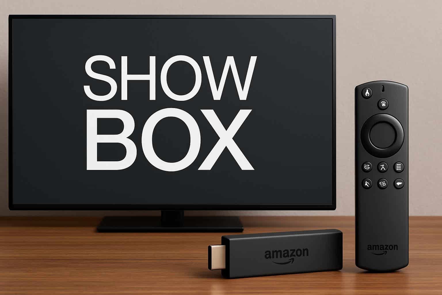 Showbox on Amazon Fire Stick displayed on TV home screen in a modern living room