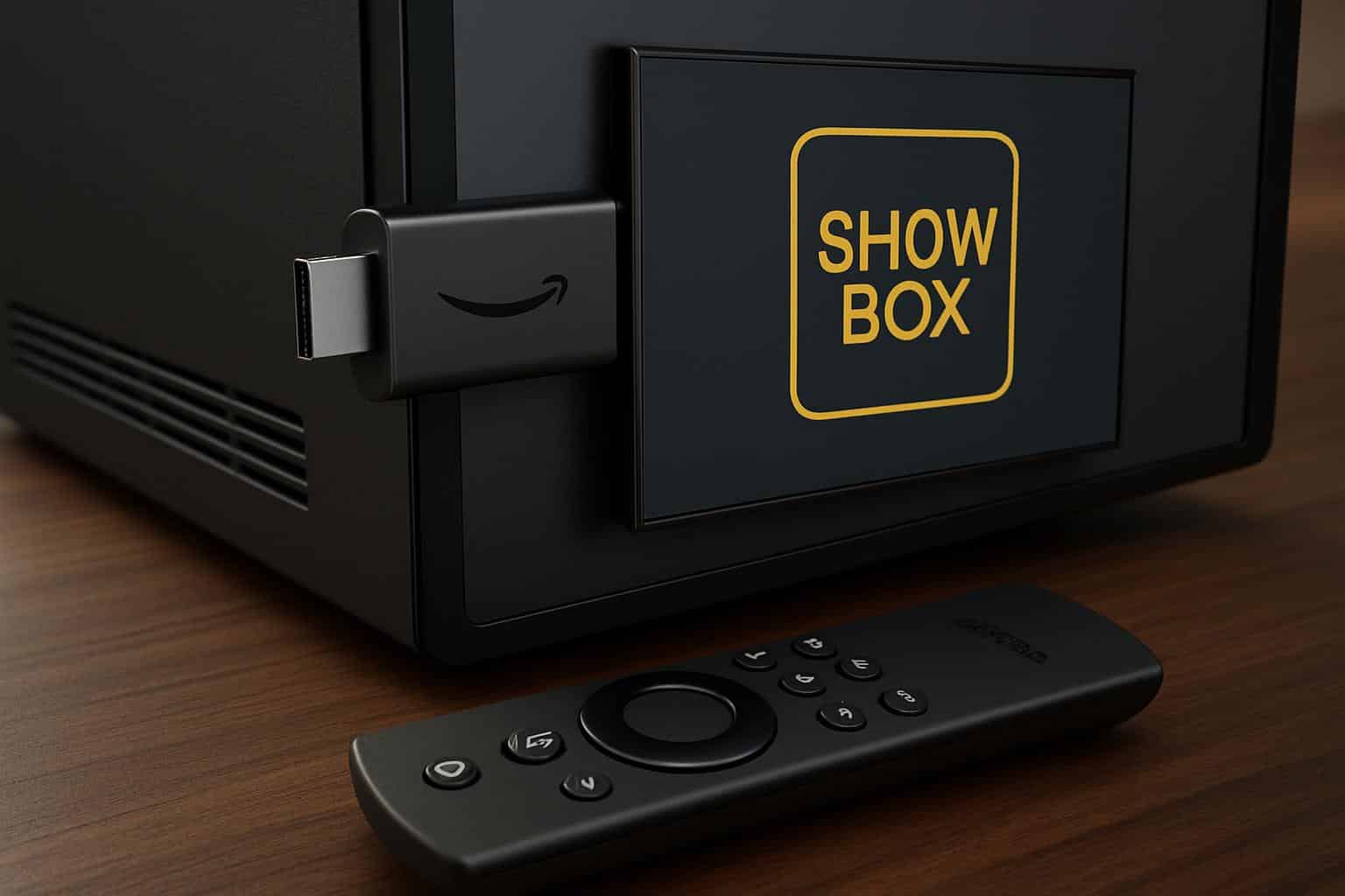 Showbox on Amazon Fire Stick, angled close-up on TV in a cozy living room