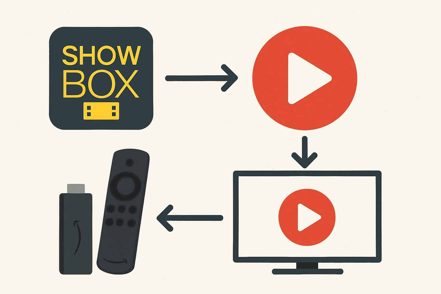 Installation flow diagram for Showbox on Amazon Fire Stick, step-by-step icons and arrows