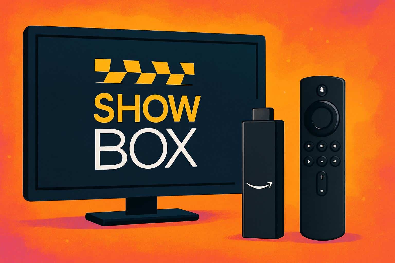 Showbox on Amazon Fire Stick shown on a TV screen with the device and remote nearby