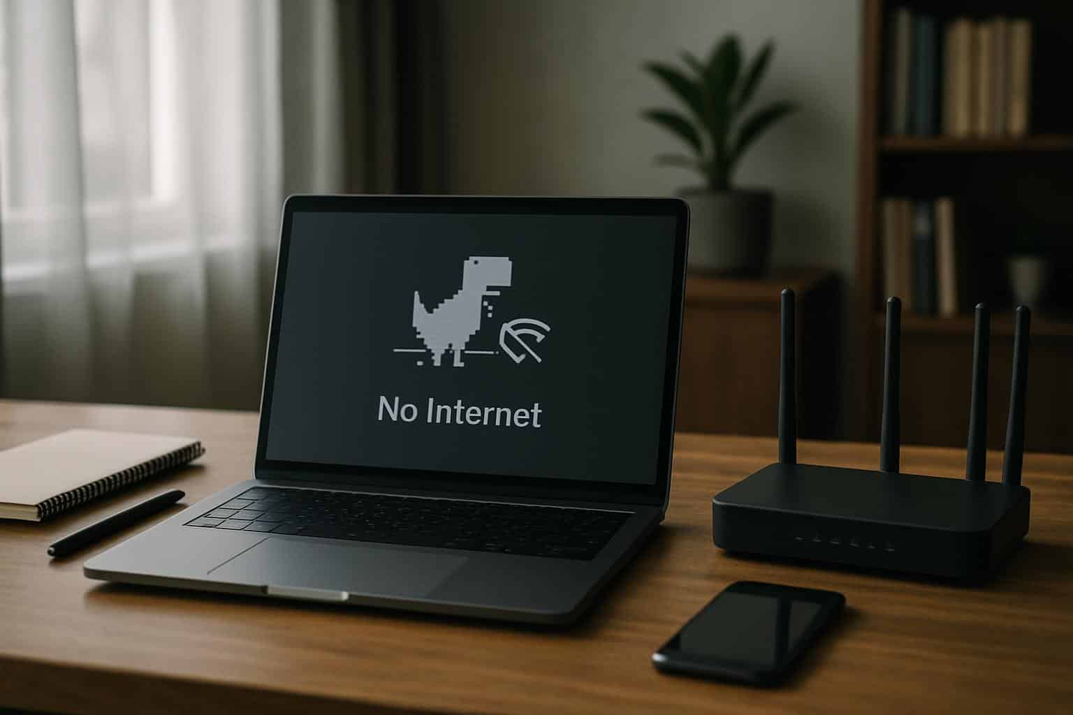 Wi-Fi router and laptop with padlocked Wi-Fi icon and globe warning icon, no internet secured