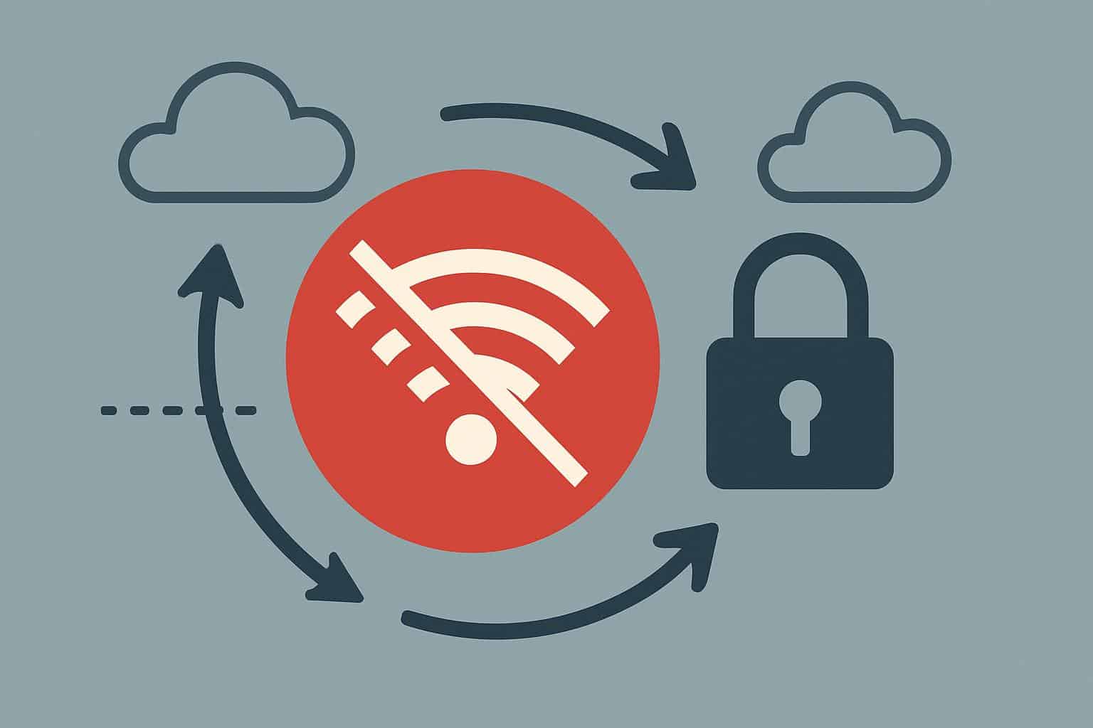 Wi‑Fi lock blocking globe, depicting secured network with no internet access