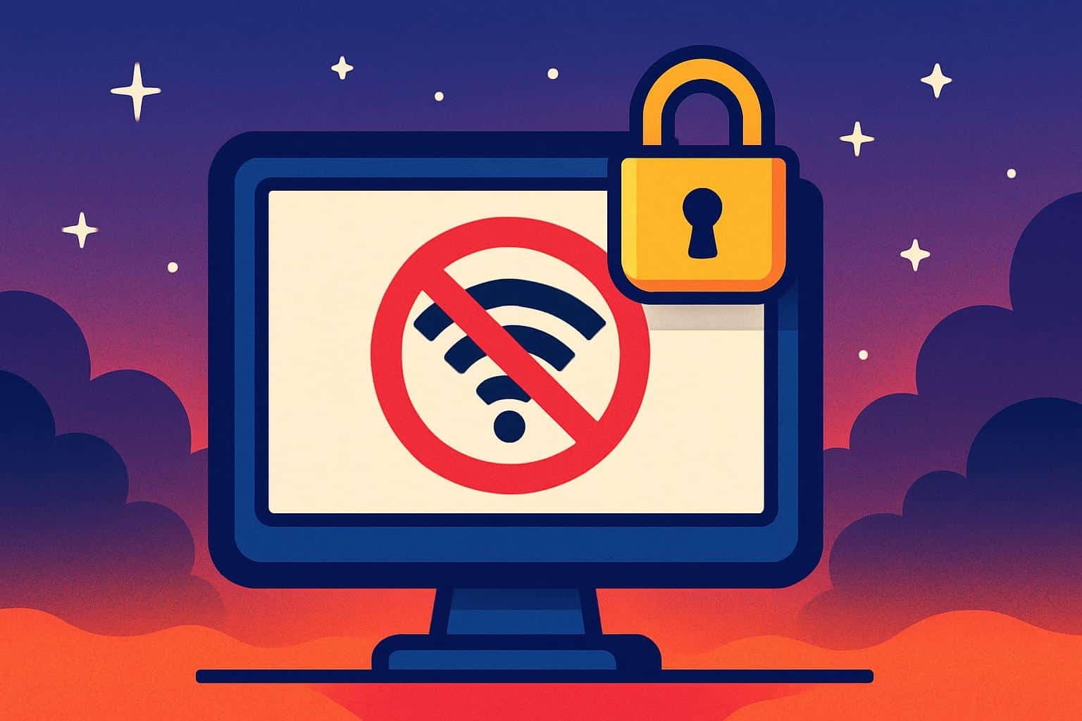Wi-Fi router with padlock and red X, unplugged cable, no internet, secured network