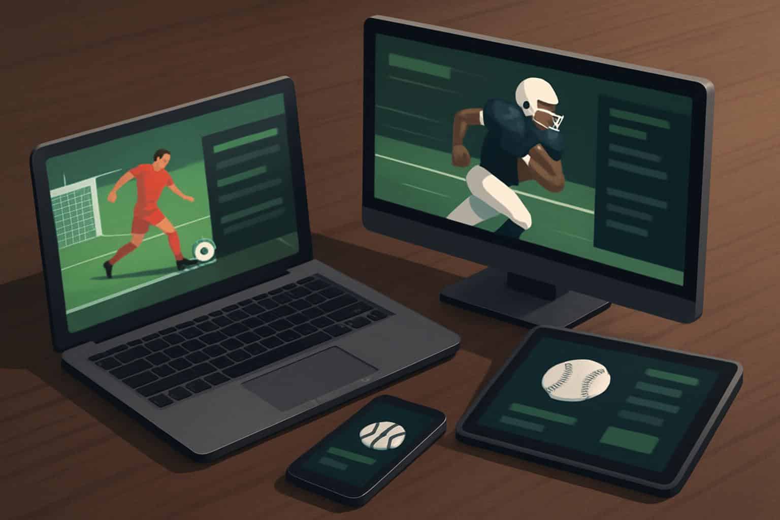 Isometric sports streaming screens and device icons, symbolizing Buffstreams alternatives