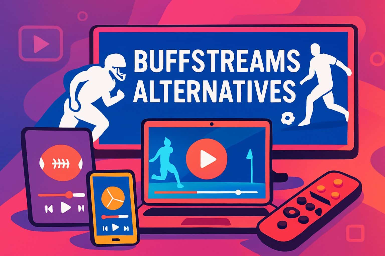 Buffstreams alternatives with vibrant sports icons on multiple streaming screens