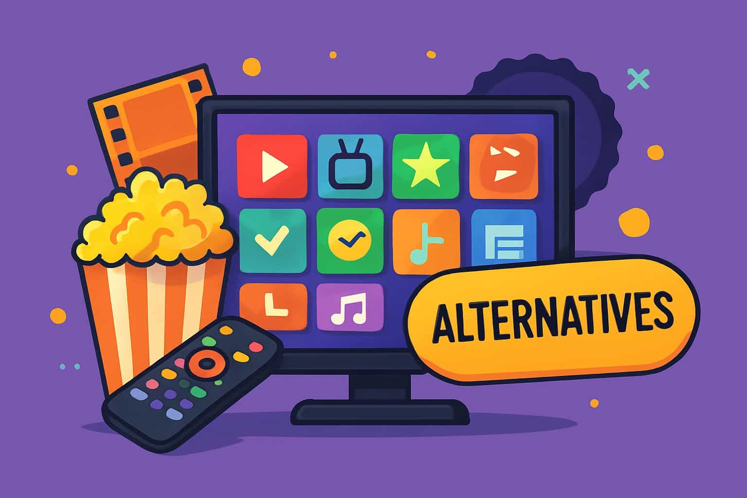 Vibrant collage of streaming devices, play icons, and film reels for WatchSeries alternatives