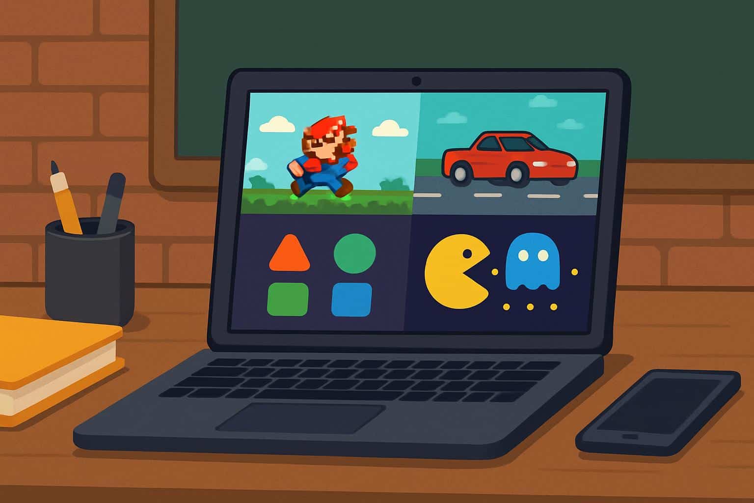 Unblocked Games 76 access: browser with arcade game icons, unlocked padlock, school firewall