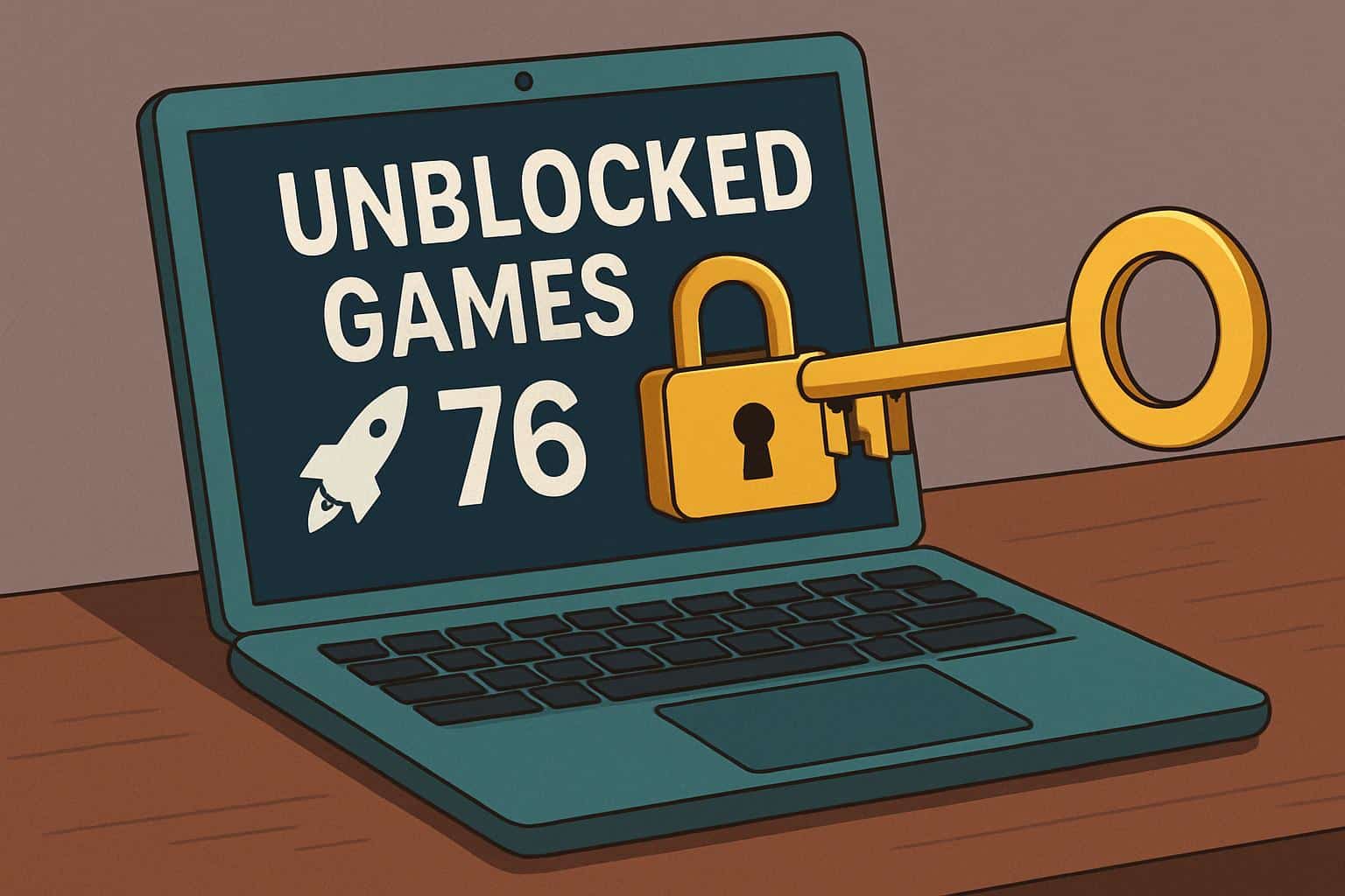 Isometric laptop, open lock and gamepad illustrating how to access Unblocked Games 76.
