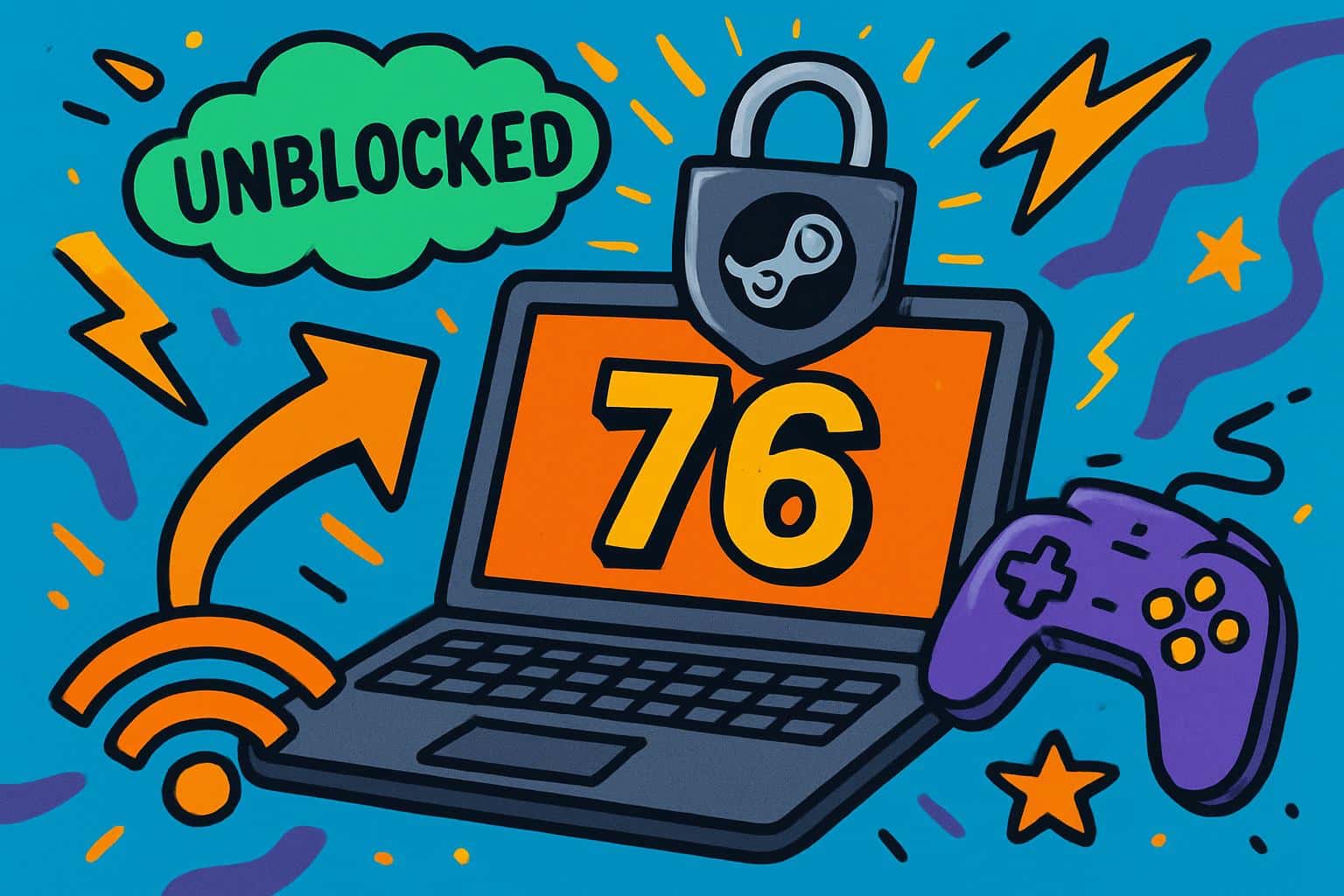 How to access Unblocked Games 76 concept with controller, unlocked padlock, school Wi‑Fi
