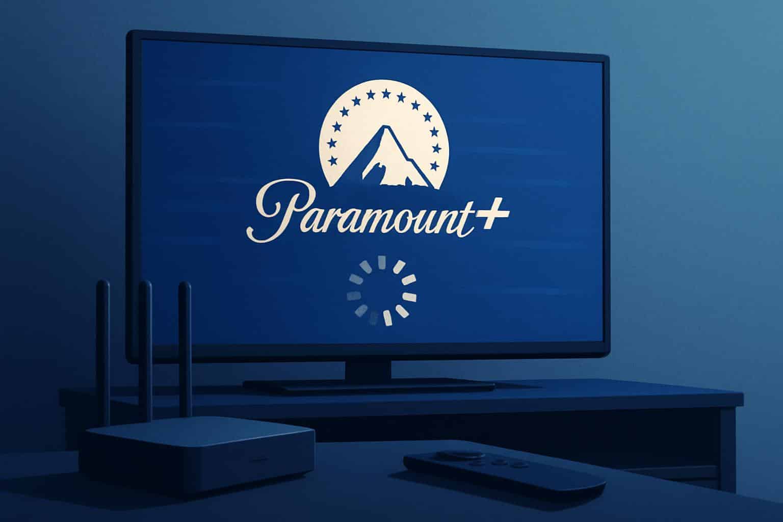 Paramount Plus stream buffering on TV, spinning loader, weak Wi-Fi router in foreground