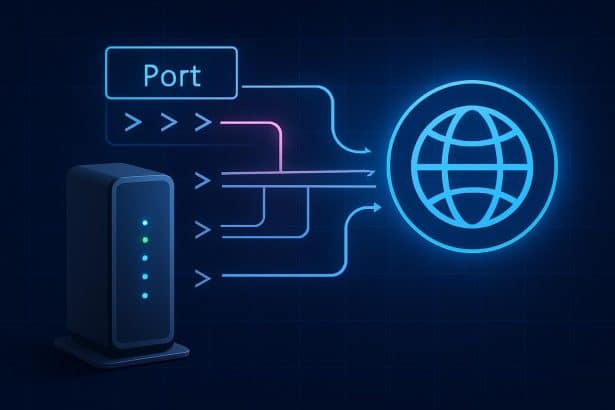 Spectrum router port forwarding with ethernet cable, network ports, and directional arrows