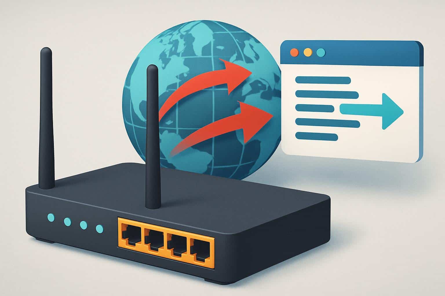 Spectrum port forwarding on isometric router, arrows from internet globe to LAN device