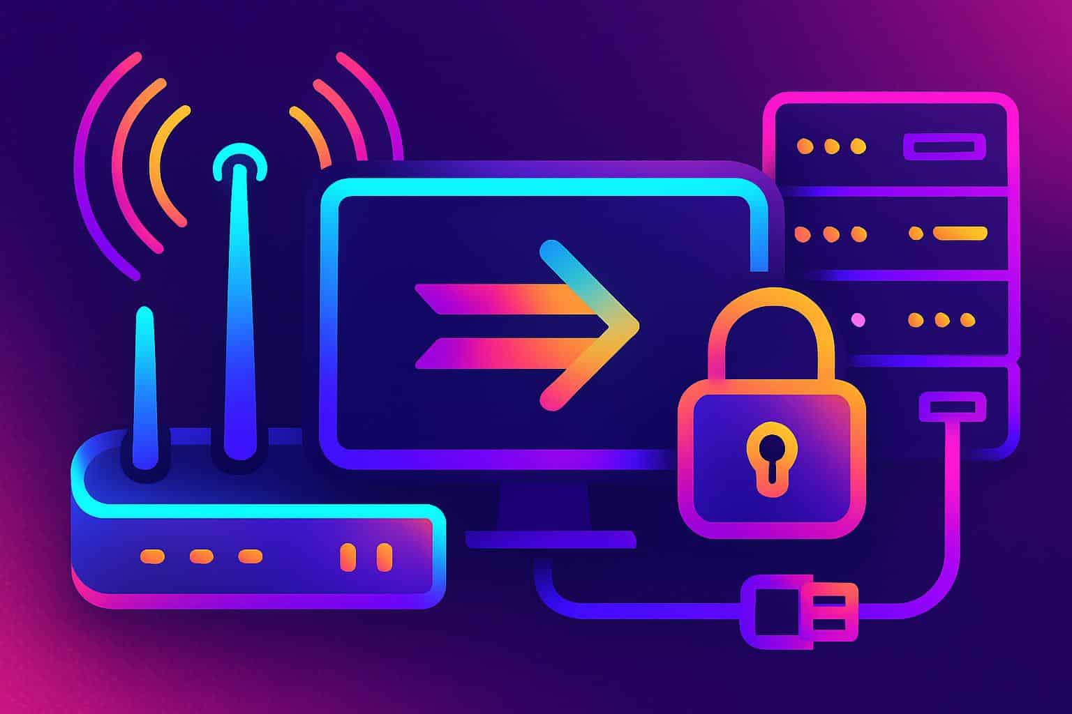 Spectrum port forwarding setup on router UI with highlighted ports and connection arrows