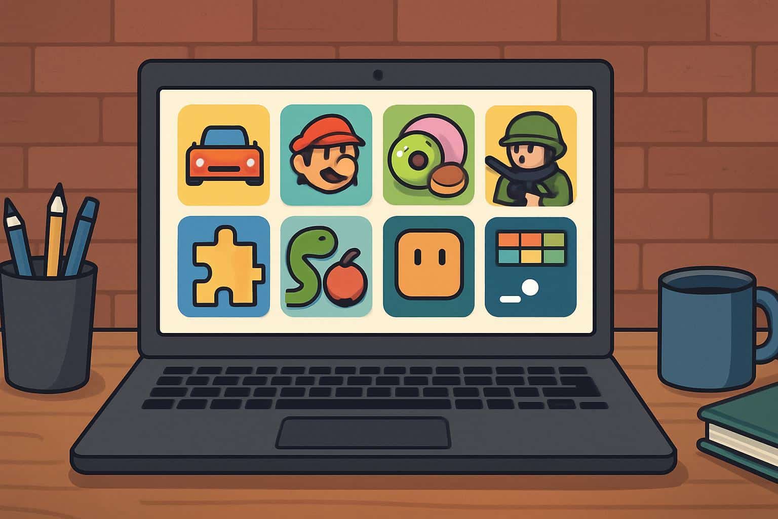 Browser window of colorful mini-games on laptop with unlocked padlock, Poki games unblocked