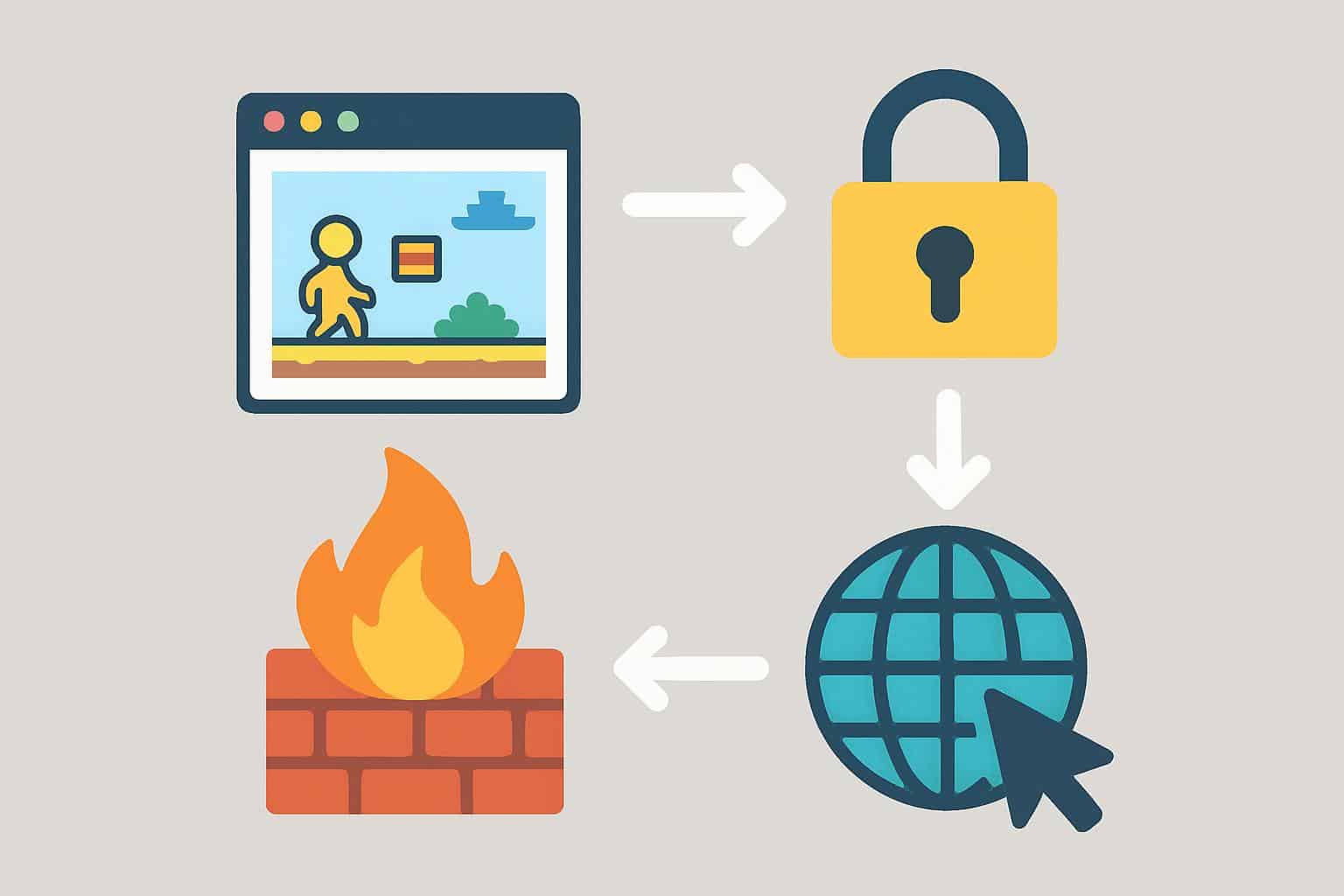 Conceptual diagram of poki games unblocked with lock, arrows, and firewall path