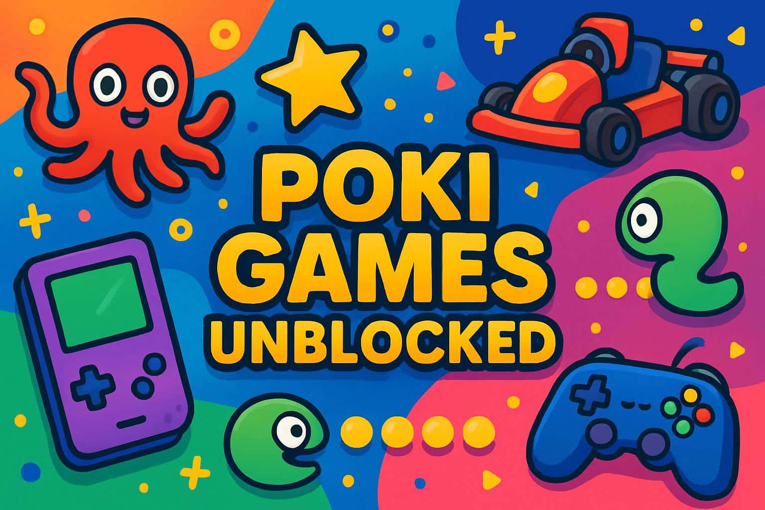Poki games unblocked: vibrant arcade icons, open padlock, game controller