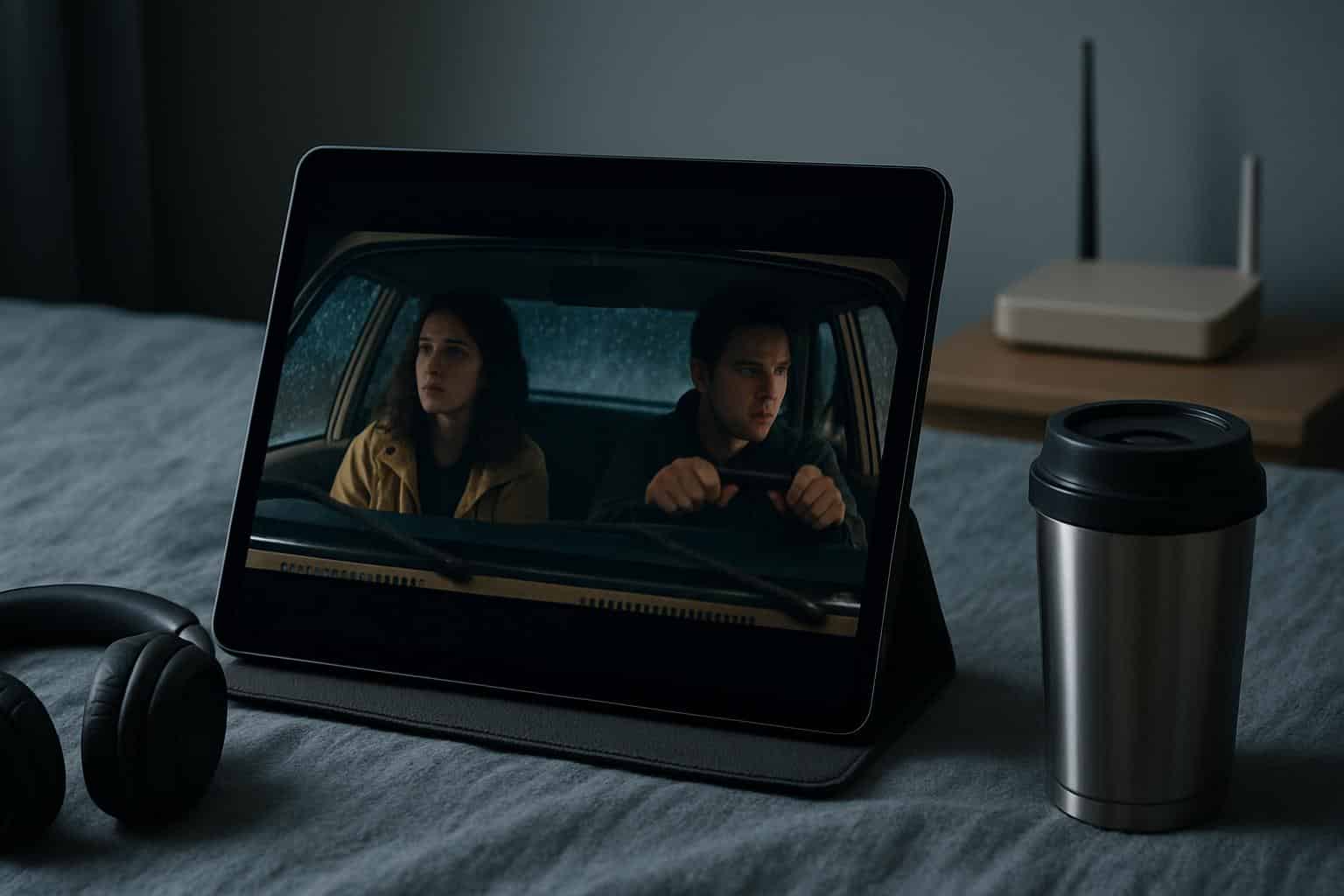 Tablet playing downloaded movie, Wi‑Fi off icon, airplane tray, headphones nearby