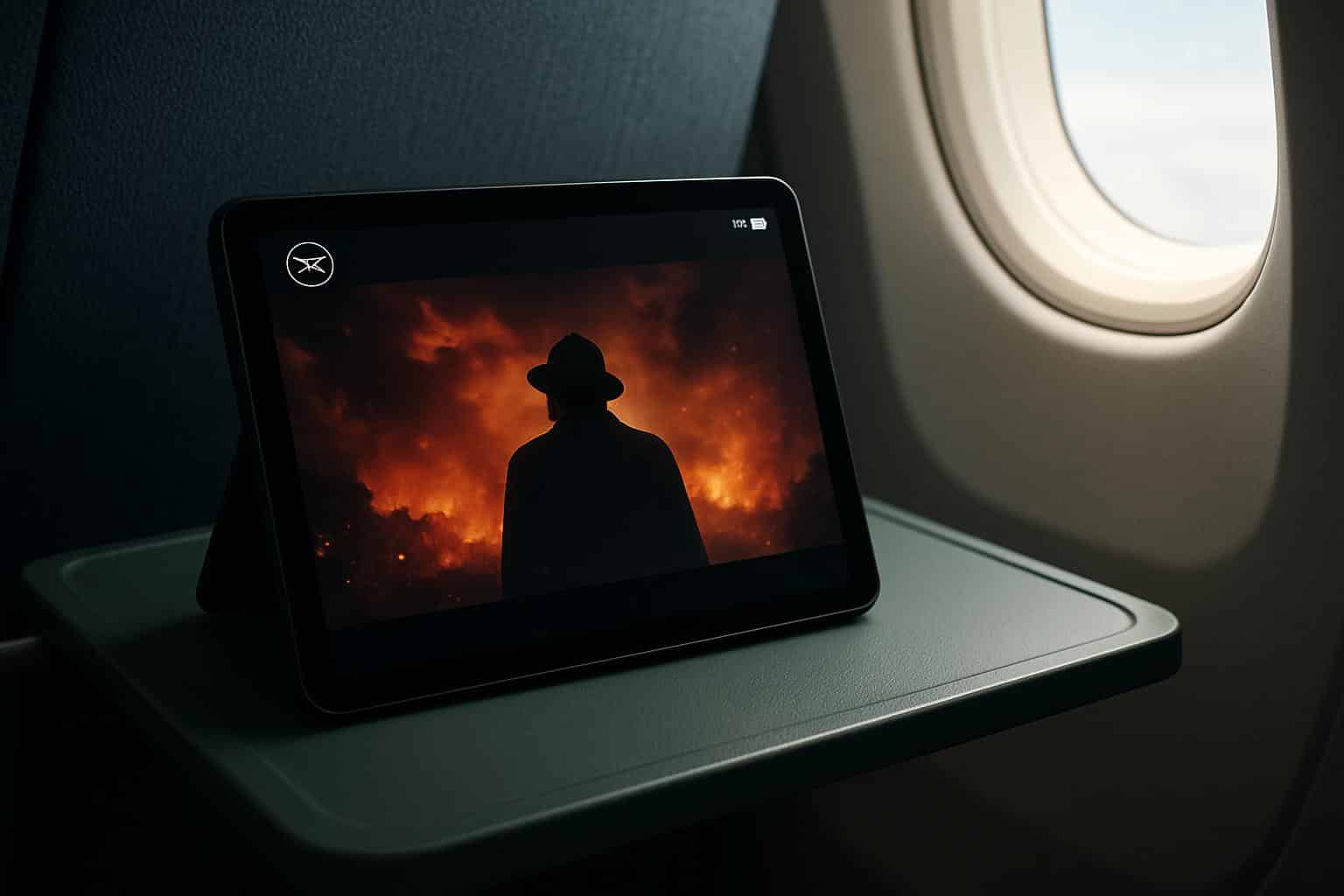 Overhead view of tablet playing downloaded movie without Wi-Fi, signal crossed out, campsite