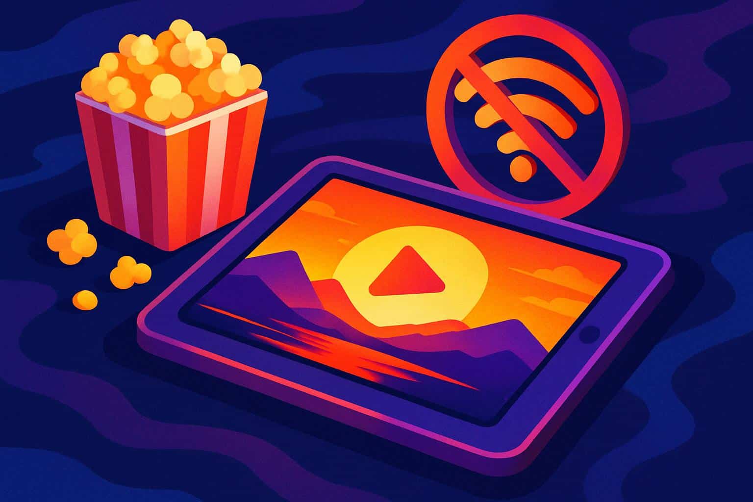 Tablet playing a movie offline; popcorn, couch, and crossed-out Wi-Fi symbol