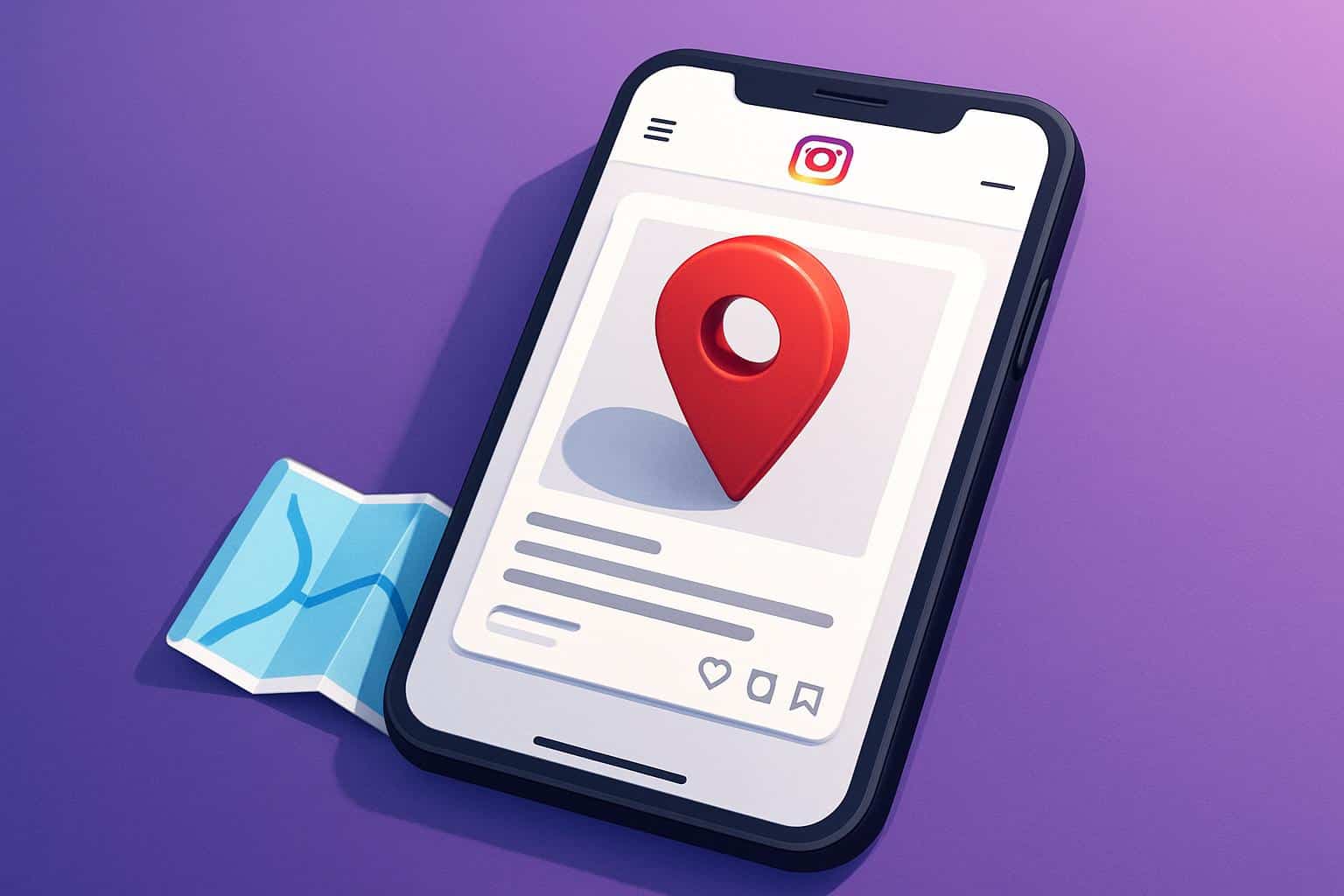 Change location on Instagram shown by map pin dragged on smartphone map, unique diagonal view