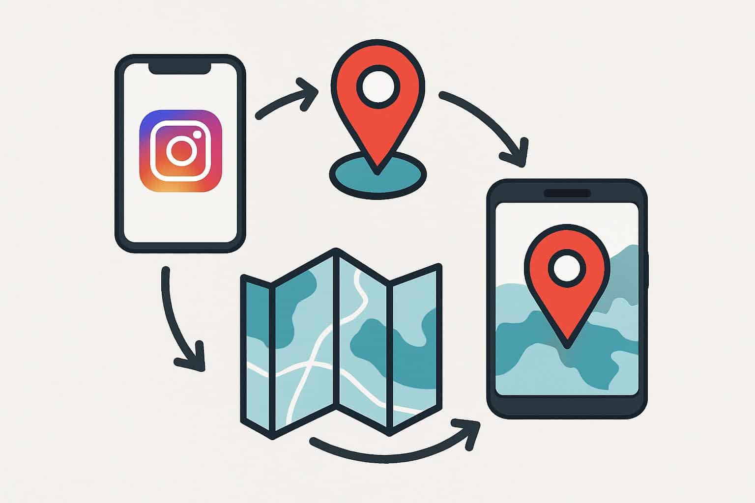 Change location on Instagram diagram: phone, map pin, settings gear, flow arrows