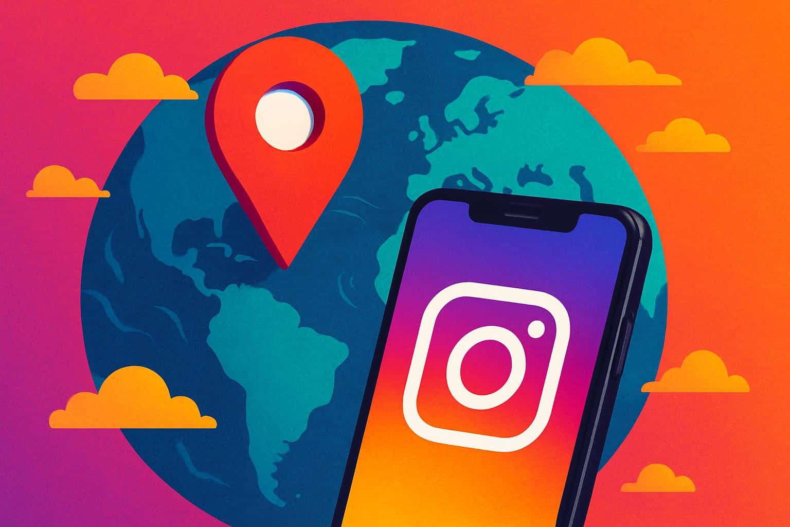 Phone with map and pin sliding between cities, symbolizing change location on Instagram