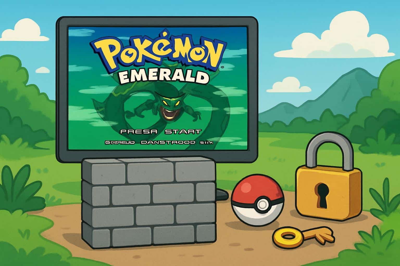 Game Boy Advance with Pokémon Emerald and an unlocked padlock; unblock Pokémon Emerald
