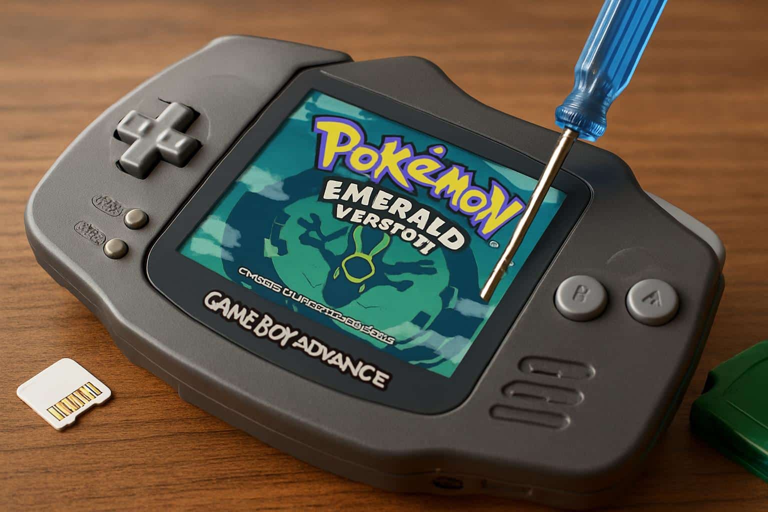 Isometric view of Game Boy Advance and Emerald cartridge unlocking padlock, unblock Pokemon Emerald