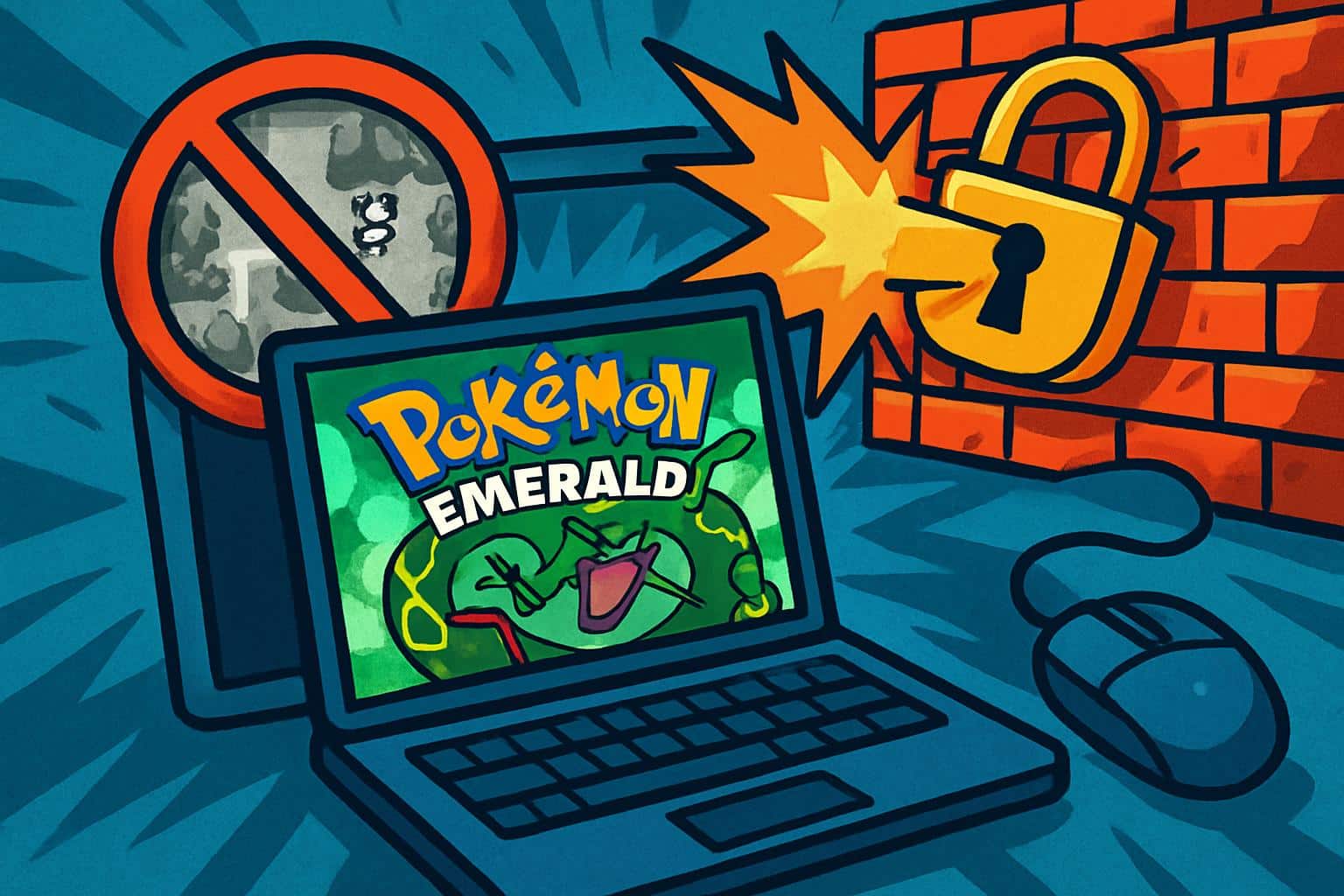 Vibrant retro handheld, emerald screen, open padlock symbol; unblock Pokemon Emerald