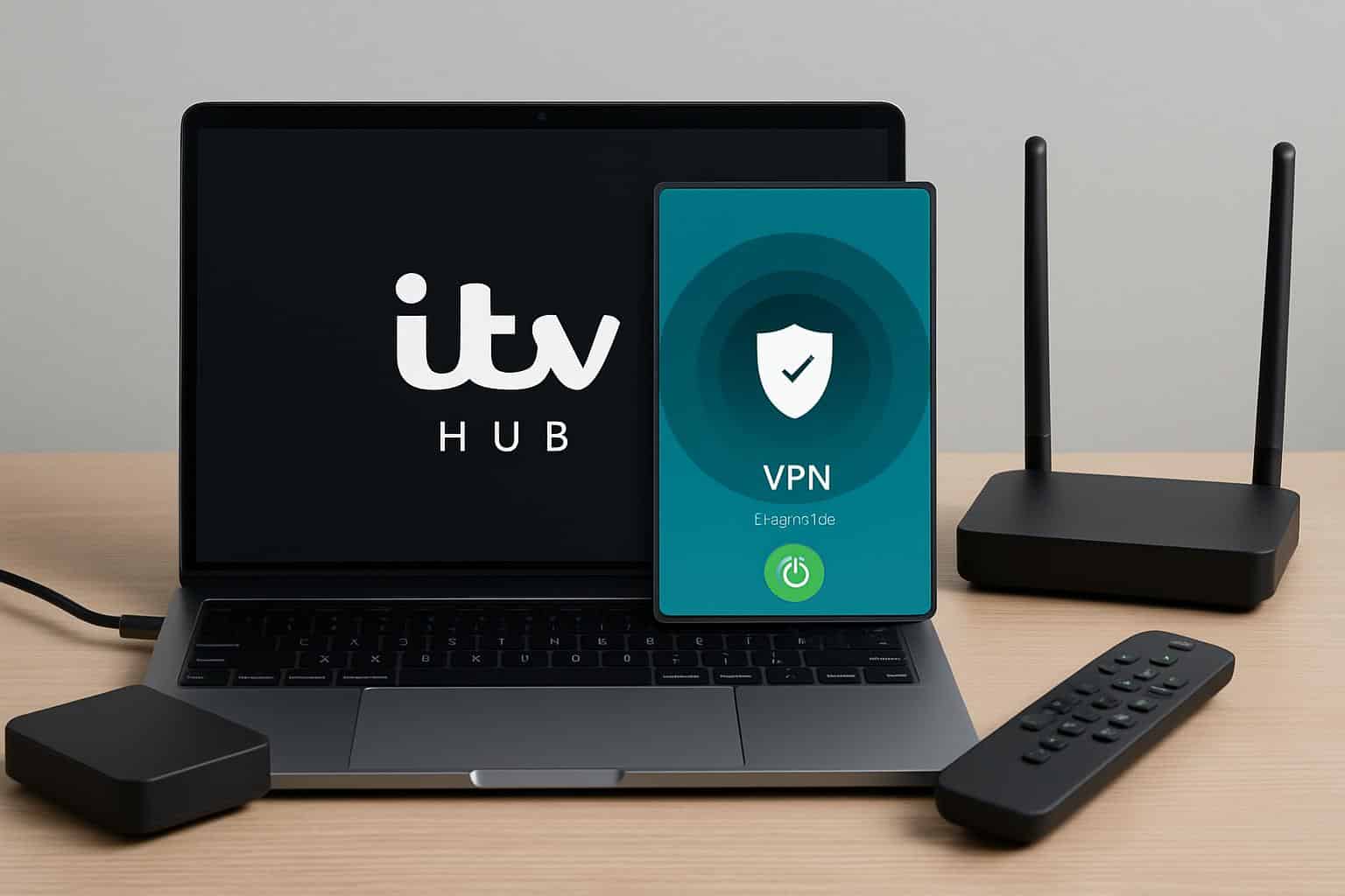 ITV Hub geo-block on laptop with VPN shield icon and UK map, streaming access blocked