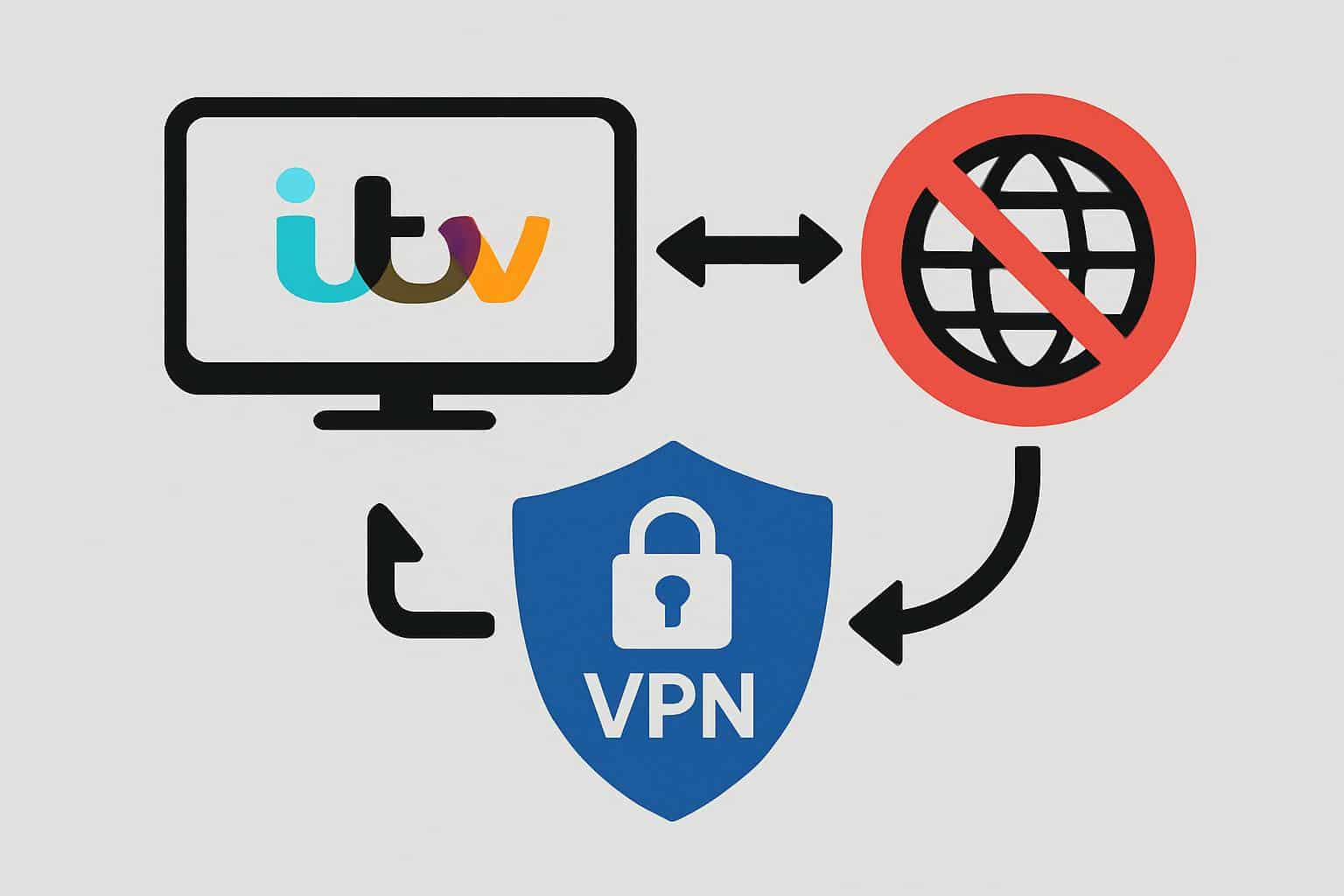 ITV Hub not working with VPN diagram: geo-blocked stream flow, server, cross and lock icons