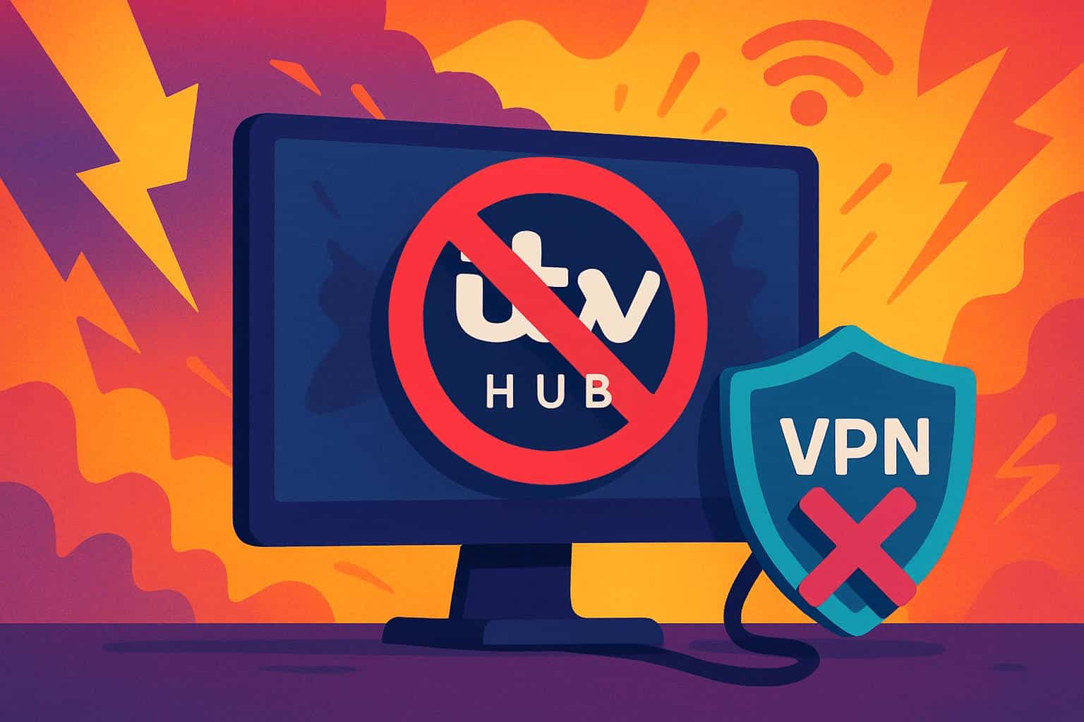 ITV Hub app on TV with VPN shield crossed out, UK map lock icon, streaming blocked