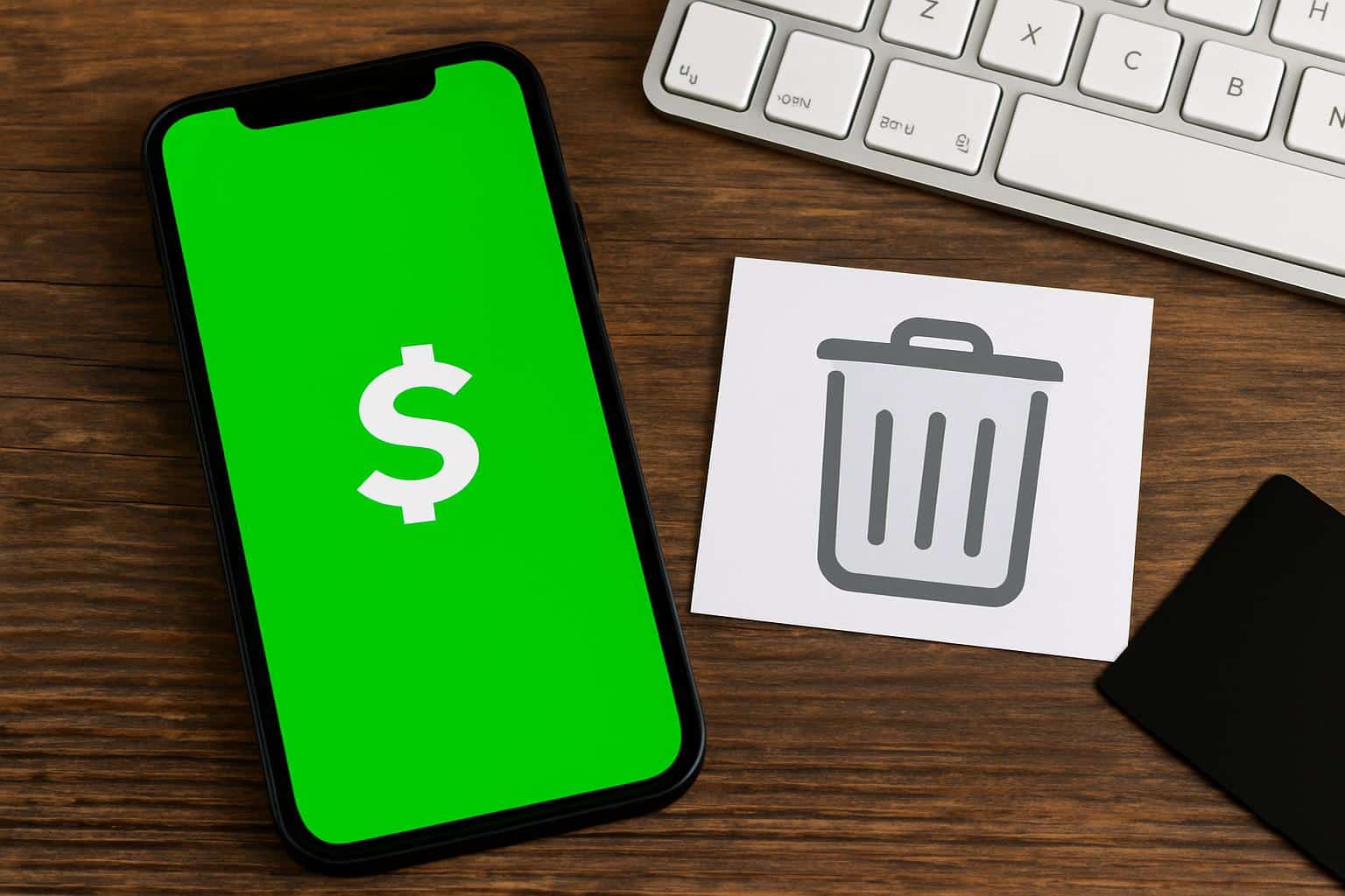 Smartphone showing Cash App settings with delete Cash App account option and trash icon