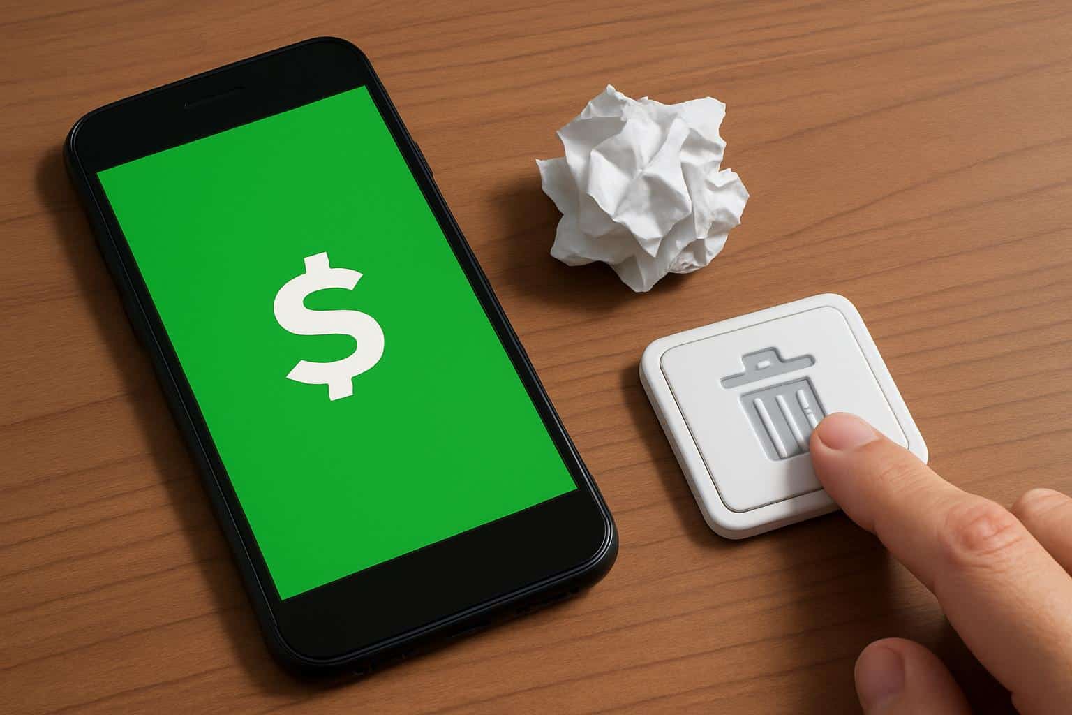 Delete Cash App account: isometric phone with Cash App logo dropping into a trash bin