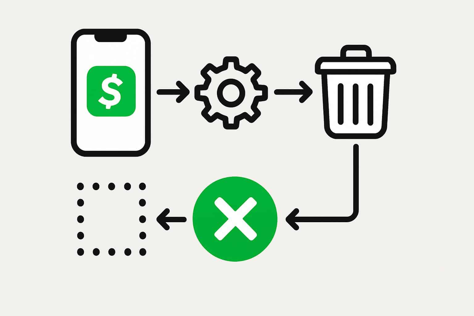 How to delete Cash App account flowchart with phone, settings gear, and trash can icons