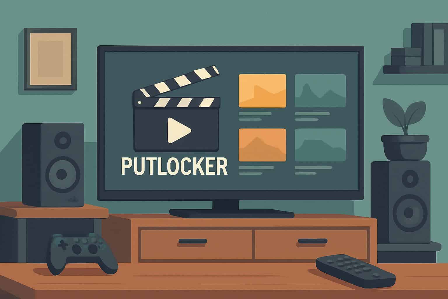 Multiple screens with movie thumbnails and play icons representing Putlocker alternatives