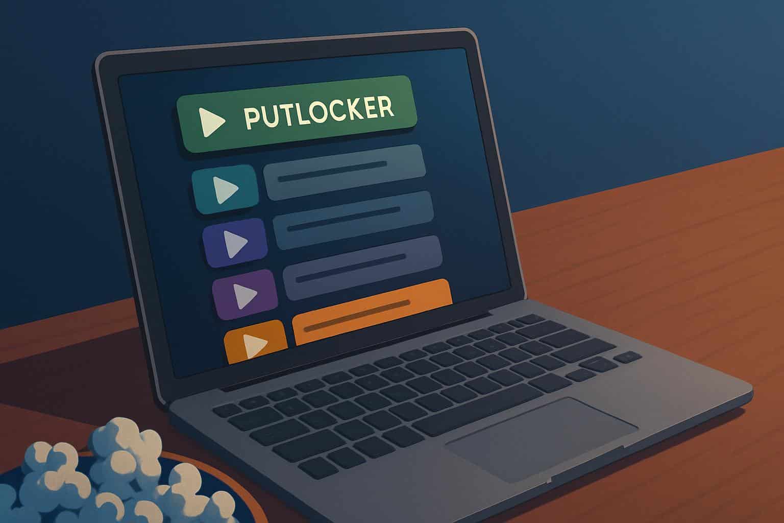 Multiple play-button screens branching from a lock, symbolizing Putlocker alternatives