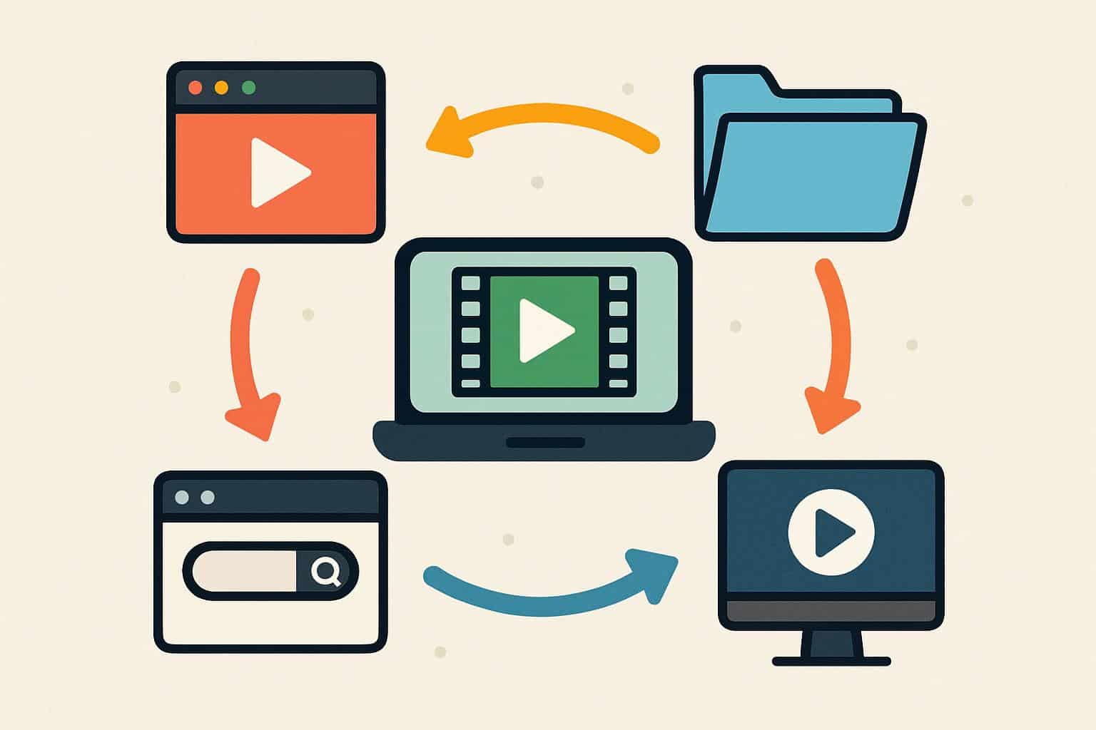 Flowchart of putlocker alternatives with streaming icons, arrows, and branching paths