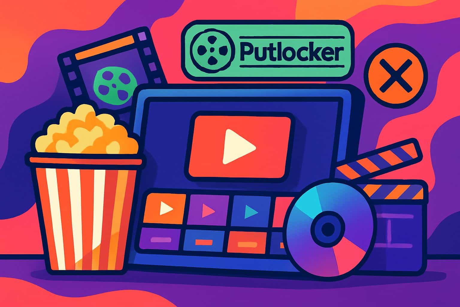 Colorful streaming app icons on laptop and TV screen highlighting Putlocker alternatives