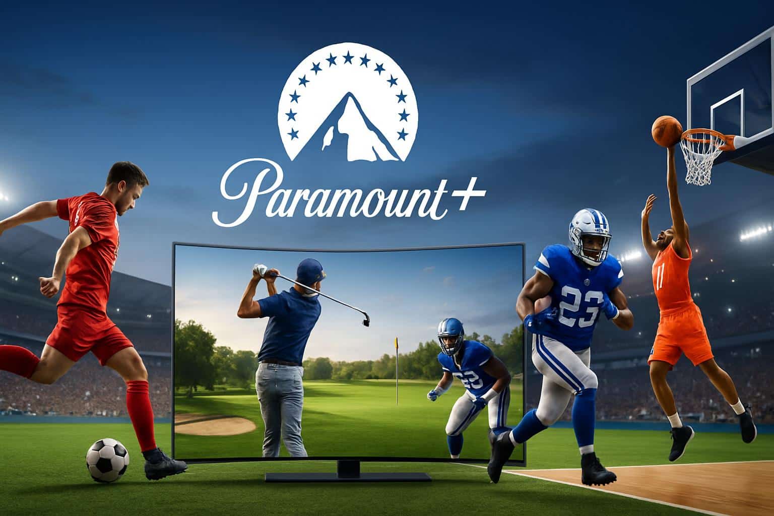 Stadium lights over football, soccer ball, and basketball representing sports on Paramount Plus