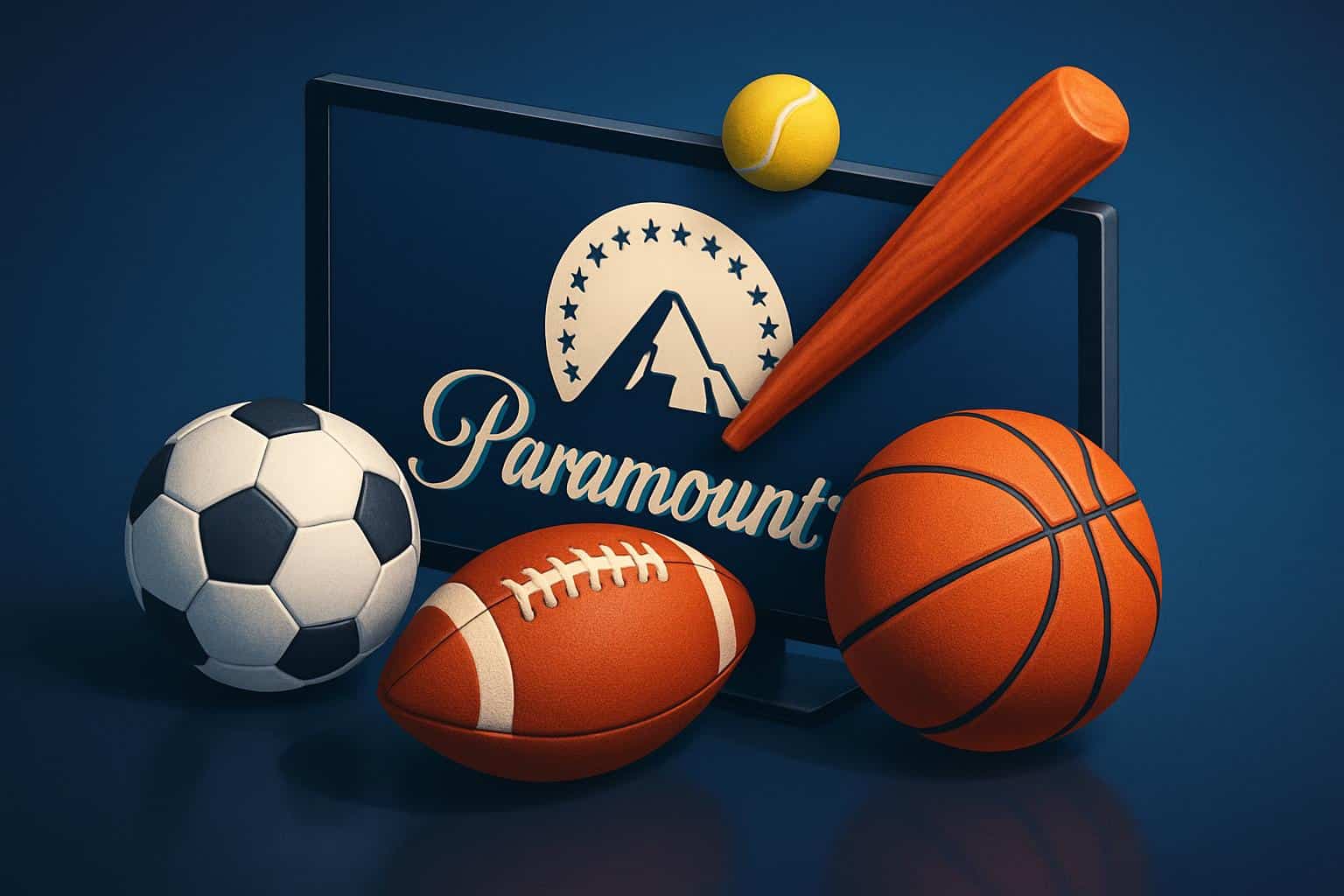 Paramount Plus sports streaming: football, soccer, basketball on screens, stadium backdrop