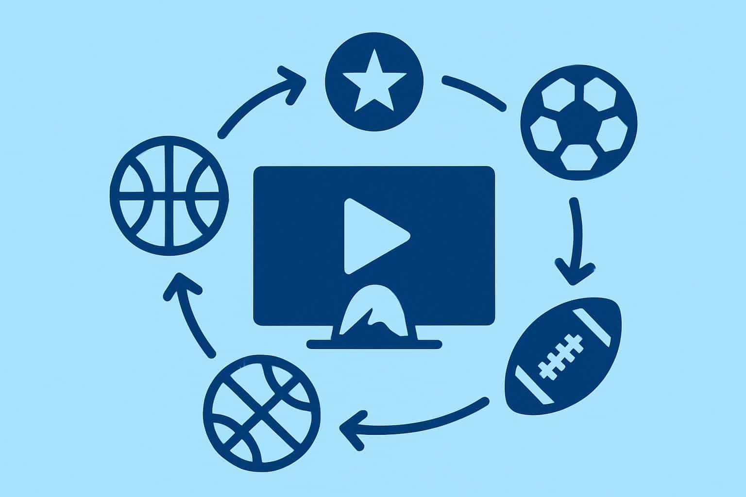 Conceptual diagram of sports on Paramount Plus streaming process across devices with arrows, icons